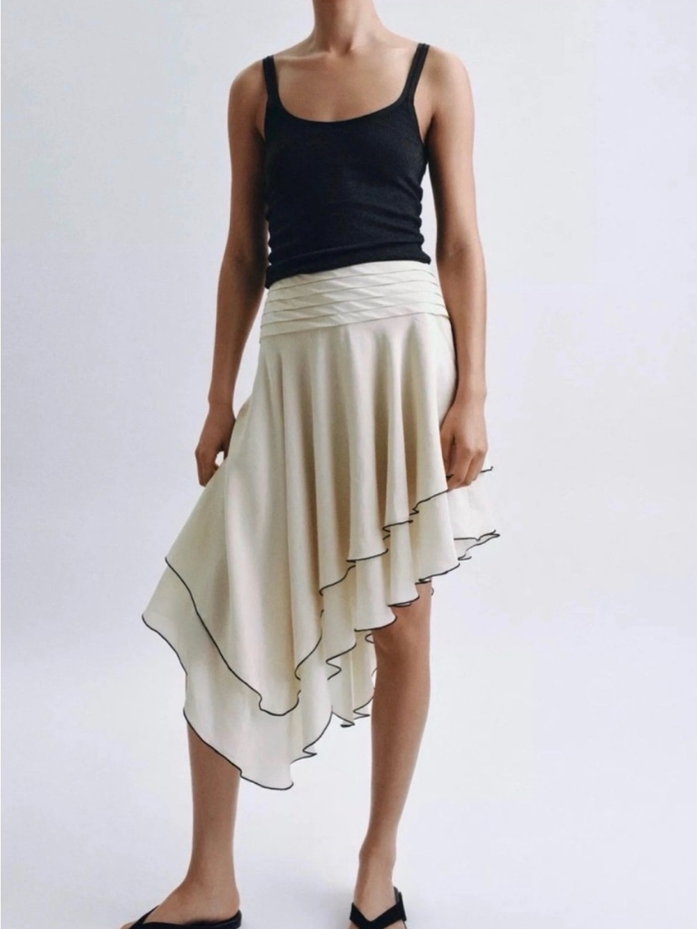 Zara Cream Asymmetrical Ruffle Skirt with Black Piping